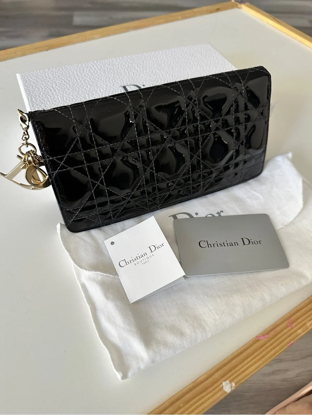 Dior Black Patent Quilted Zip-Around Wallet with Gold Charms - Picture 1 of 8